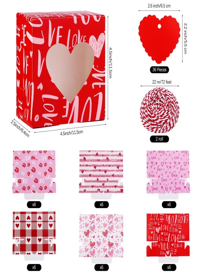 Fovths 36 Pack Valentines Day Cookie Boxes with Window Cupcake Bakery Boxes 4.5 x 4.5 x 2.5 Inch Hearts Goody Candy Container Box with Tags and Rope for Cupcakes, Doughnuts, Gifts Giving - Image 2